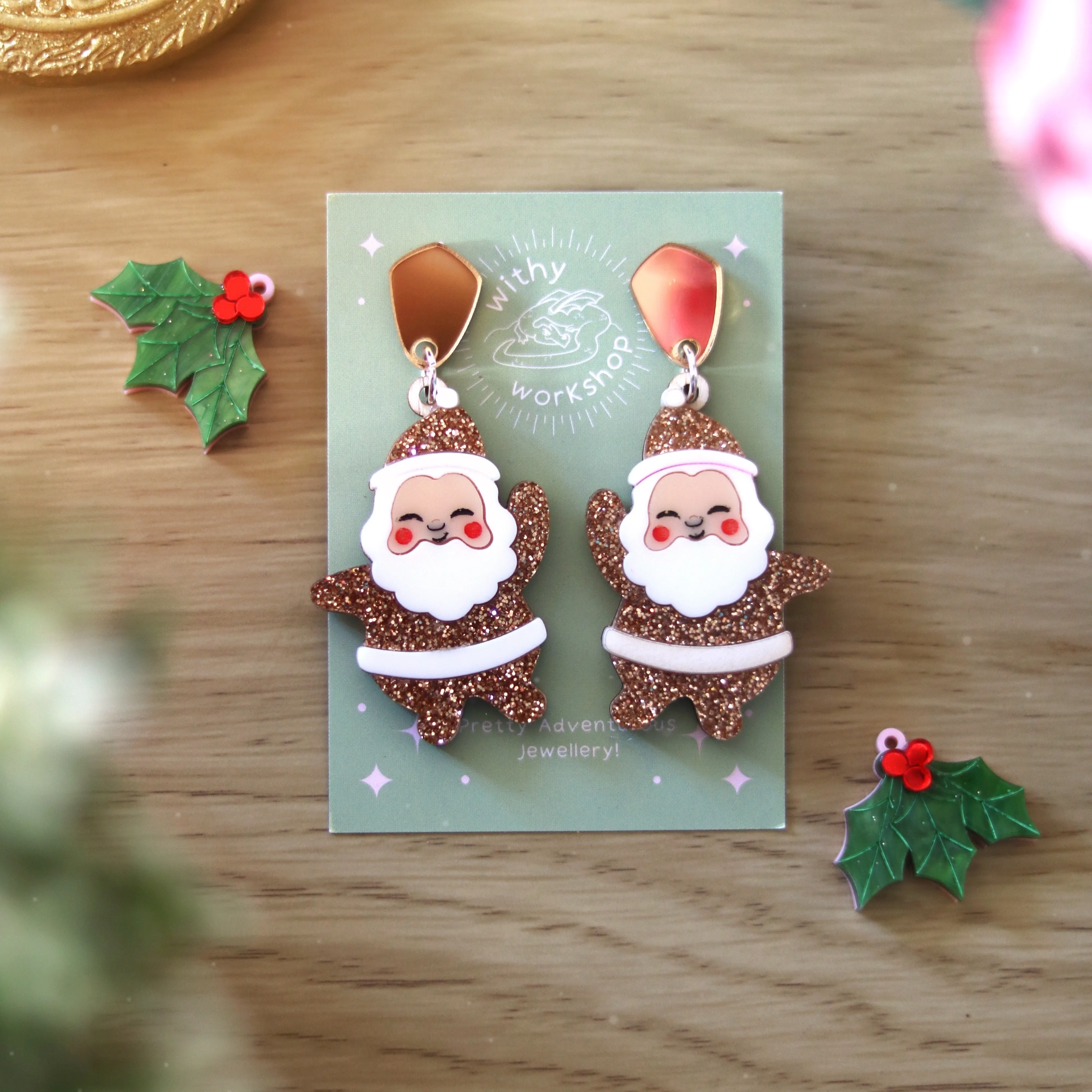 Vintage Santa Earrings Glittery Gold