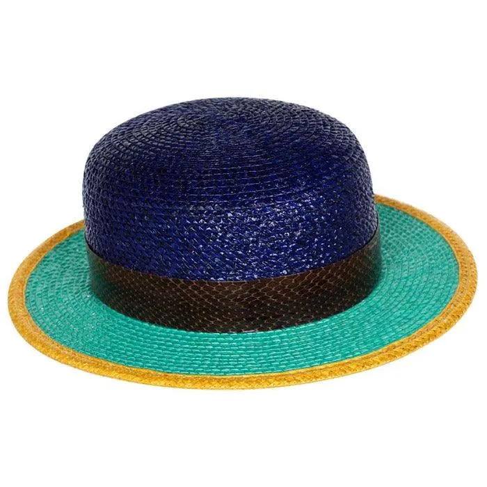 YVES SAINT LAURENT Glossy Color Block Snakeskin Trim Bowler Hat Ysl, 1990s | Size 57