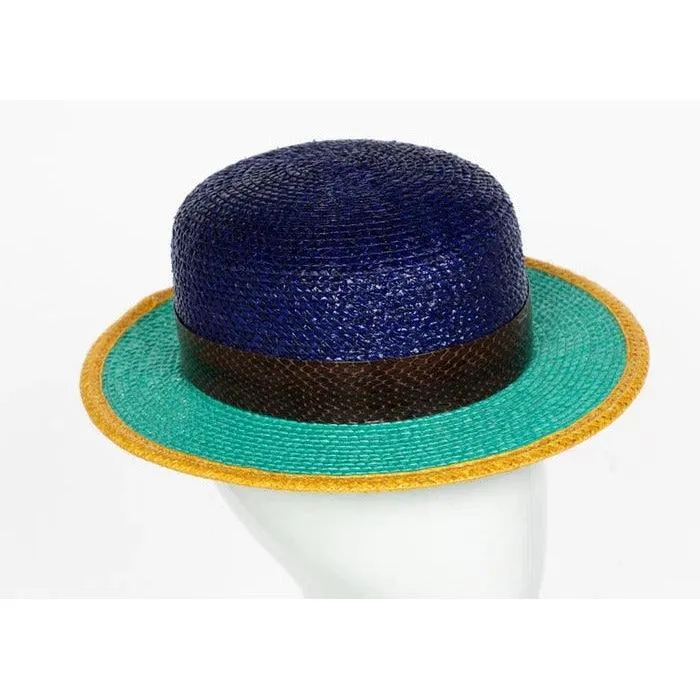 YVES SAINT LAURENT Glossy Color Block Snakeskin Trim Bowler Hat Ysl, 1990s | Size 57