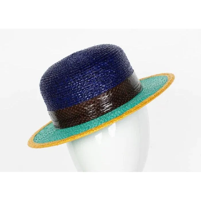 YVES SAINT LAURENT Glossy Color Block Snakeskin Trim Bowler Hat Ysl, 1990s | Size 57